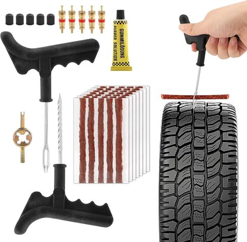 طقم إصلاح الإطارات 49 قطعة، مجموعة سدادات الإطارات شديدة التحمل، أدوات إصلاح الإطارات العالمية لإصلاح الثقوب وتوصيل مجموعة رقعة مسطحة للسيارة، الجيب، الشاحنة، الدراجة النارية، الجرار، ARB، ATV، SUV، RV in Kuwait