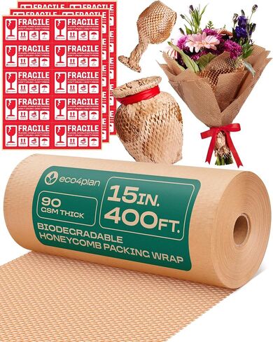 Honeycomb Packing Paper | Extra Thick 90 GSM Packing Wrap | Biodegradable Packing Materials: 15" x 400’ Moving Paper + 30 Fragile Stickers | Paper Bubble Wrap/Packing Bubbles Substitute in Saudi Arabia