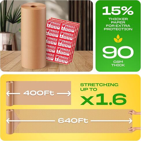 Honeycomb Packing Paper | Extra Thick 90 GSM Packing Wrap | Biodegradable Packing Materials: 15" x 400’ Moving Paper + 30 Fragile Stickers | Paper Bubble Wrap/Packing Bubbles Substitute in Saudi Arabia