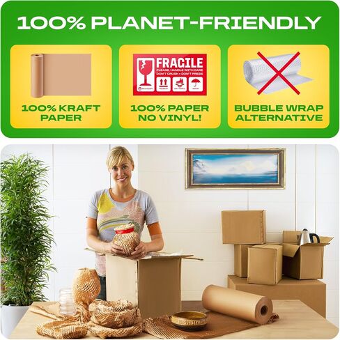 Honeycomb Packing Paper | Extra Thick 90 GSM Packing Wrap | Biodegradable Packing Materials: 15" x 400’ Moving Paper + 30 Fragile Stickers | Paper Bubble Wrap/Packing Bubbles Substitute in Saudi Arabia