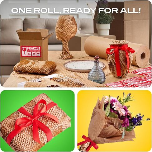 Honeycomb Packing Paper | Extra Thick 90 GSM Packing Wrap | Biodegradable Packing Materials: 15" x 400’ Moving Paper + 30 Fragile Stickers | Paper Bubble Wrap/Packing Bubbles Substitute in Saudi Arabia