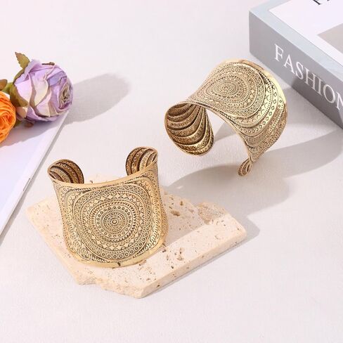 SONNYX 2 PCS Cuff Bangle Bracelets for Women Vintage Ethnic Wide Open Chunky Gold Silver Wrist Cuff Warp Bracelets for Cosplay or Belly Dance in Saudi Arabia