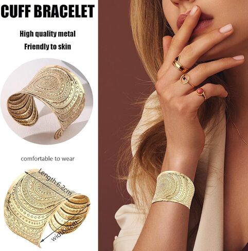 SONNYX 2 PCS Cuff Bangle Bracelets for Women Vintage Ethnic Wide Open Chunky Gold Silver Wrist Cuff Warp Bracelets for Cosplay or Belly Dance in Saudi Arabia