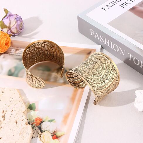 SONNYX 2 PCS Cuff Bangle Bracelets for Women Vintage Ethnic Wide Open Chunky Gold Silver Wrist Cuff Warp Bracelets for Cosplay or Belly Dance in Saudi Arabia