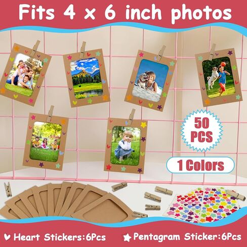 LEFIMOT 50 حزمة من إطارات الصور الورقية مقاس 4x6 بوصة، إطارات صور من الورق المقوى DIY مع 50 مقطعًا و5 سلاسل، إطار عرض فني لإطار الصورة الورقية مع 12 ملصقًا لديكور الحائط (بني) in Kuwait
