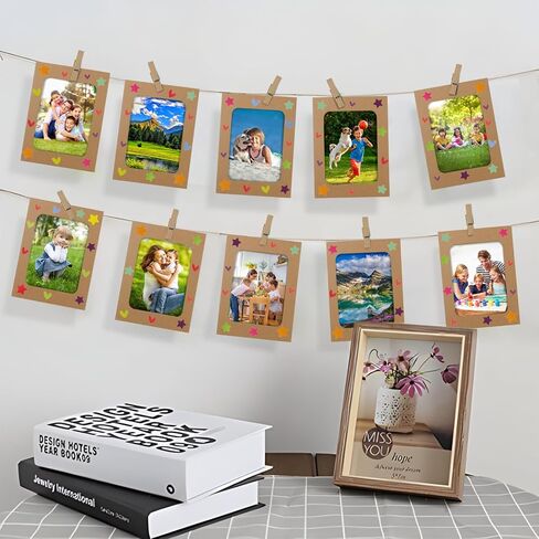 LEFIMOT 50 حزمة من إطارات الصور الورقية مقاس 4x6 بوصة، إطارات صور من الورق المقوى DIY مع 50 مقطعًا و5 سلاسل، إطار عرض فني لإطار الصورة الورقية مع 12 ملصقًا لديكور الحائط (بني) in Kuwait