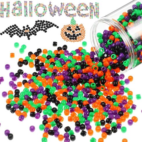 1000 Pieces Halloween Craft Beads Plastic Pony Beads in Orange Green Purple and Black Halloween Round Plastic Beads with Storage Box for Halloween Decoration Craft in Saudi Arabia