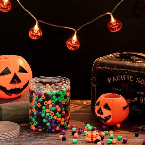 1000 Pieces Halloween Craft Beads Plastic Pony Beads in Orange Green Purple and Black Halloween Round Plastic Beads with Storage Box for Halloween Decoration Craft in Saudi Arabia