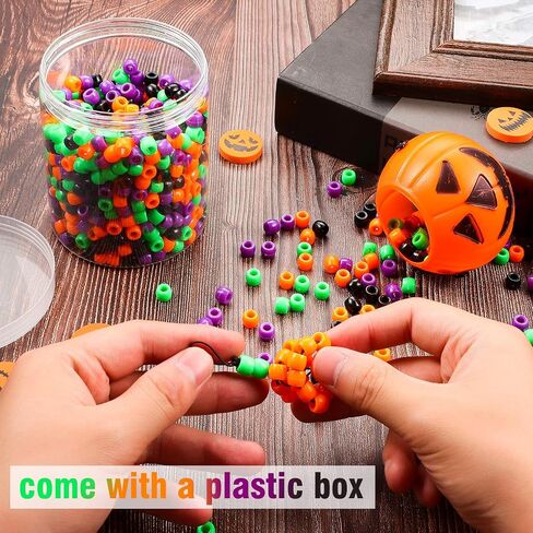 1000 Pieces Halloween Craft Beads Plastic Pony Beads in Orange Green Purple and Black Halloween Round Plastic Beads with Storage Box for Halloween Decoration Craft in Saudi Arabia