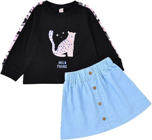 HIHA Toddler Girls Clothes Set Long Sleeve Cute Animal Cartoon Pattern Sweatshirts Tops Denim Mini Skirts Outfit Set in Saudi Arabia