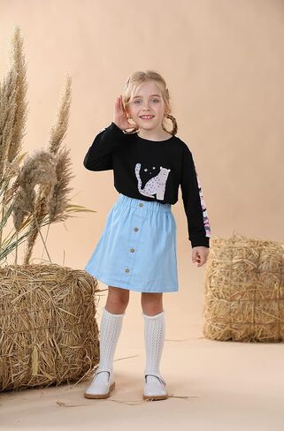 HIHA Toddler Girls Clothes Set Long Sleeve Cute Animal Cartoon Pattern Sweatshirts Tops Denim Mini Skirts Outfit Set in Saudi Arabia