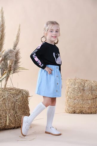 HIHA Toddler Girls Clothes Set Long Sleeve Cute Animal Cartoon Pattern Sweatshirts Tops Denim Mini Skirts Outfit Set in Saudi Arabia