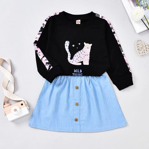 HIHA Toddler Girls Clothes Set Long Sleeve Cute Animal Cartoon Pattern Sweatshirts Tops Denim Mini Skirts Outfit Set in Saudi Arabia