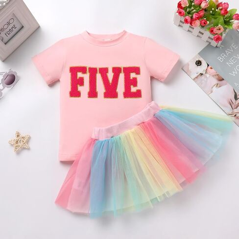 ODASDO Kids Girls 2d 3rd 4th 5th 6th Birthday Party Outfit Short Sleeve T-shirt Tops Rainbow Tutu Skirt 2pcs Set in Saudi Arabia