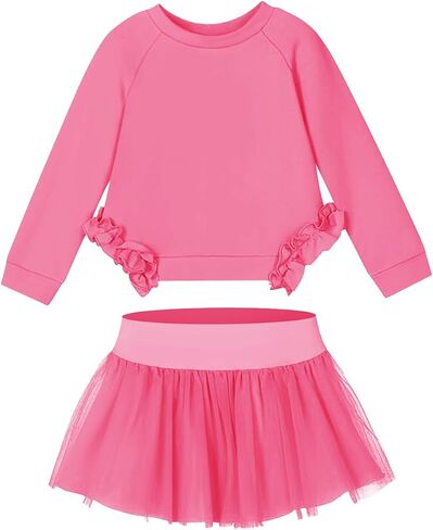 Haloumoning Girls Skirt Set Kids Cute Long Sleeve Ruffle Trim Sweatshirt and Tutu Tulle Skirt 2 Piece Outfits in Saudi Arabia