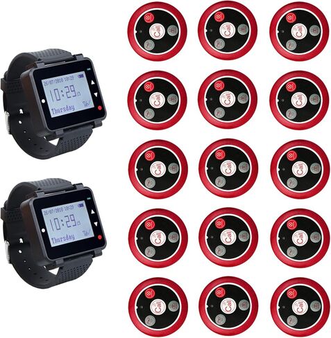 Retekess T128 Caregiver Pager، نظام بيجر للمطاعم، نظام تنبيه النادل الممرض، عرض وقت الاتصال، 2 جهاز استقبال لساعة المعصم، 15 زر اتصال للمطعم، البار، المستشفى، المقهى in Kuwait