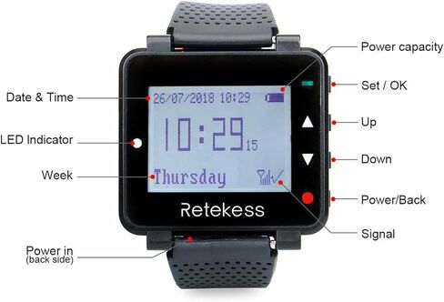 Retekess T128 Caregiver Pager، نظام بيجر للمطاعم، نظام تنبيه النادل الممرض، عرض وقت الاتصال، 2 جهاز استقبال لساعة المعصم، 15 زر اتصال للمطعم، البار، المستشفى، المقهى in Kuwait