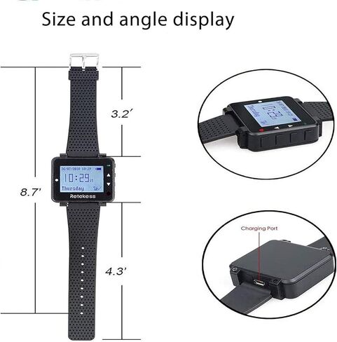 Retekess T128 Caregiver Pager، نظام بيجر للمطاعم، نظام تنبيه النادل الممرض، عرض وقت الاتصال، 2 جهاز استقبال لساعة المعصم، 15 زر اتصال للمطعم، البار، المستشفى، المقهى in Kuwait