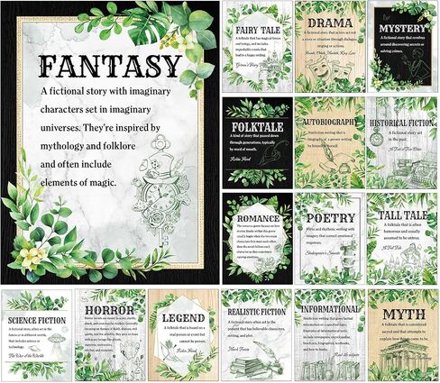 Pasimy 16 Pcs Literary Genres Posters Bulletin Board Set Greenery Classroom Decor Eucalyptus Literature Posters Reading Genres Educational Art Prints for Middle High School Classroom Library Decor in Saudi Arabia