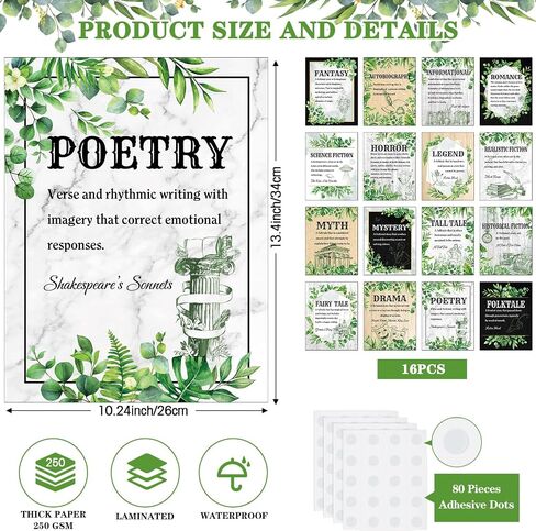 Pasimy 16 Pcs Literary Genres Posters Bulletin Board Set Greenery Classroom Decor Eucalyptus Literature Posters Reading Genres Educational Art Prints for Middle High School Classroom Library Decor in Saudi Arabia