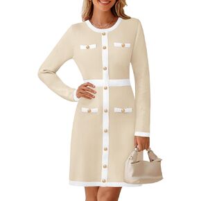 MEROKEETY Women's Long Sleeve Bodycon Sweater Dress Crewneck Color Block Button Knit Formal Midi Dresses