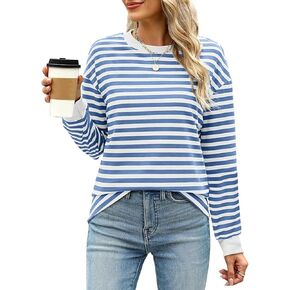 قمصان نسائية مخططة بأكمام طويلة من MAYAMANG، قمصان تونيك ذات رقبة دائرية، قمصان أساسية كاجوال in Kuwait