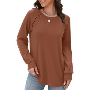 Aifer Womens Long Sleeve Lace Shirts Fashion Fall Round Neck Tops Casual Loose Tunic Tops for Leggings