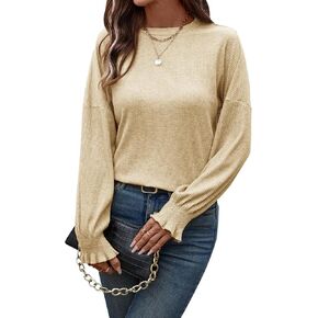Women's Long Sleeve Blouses Crewneck Sleeve Stitching Casual Loose Knit Tunic Tops