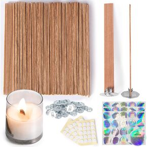 Ziosxin 60set Cherry Wood Candle Wick,Thicken Wood Wicks for Candles-Long Lasting Flame-Easily Burn,Candle Cores with 60pcs Stand and 60pcs Glue Dot,60pcs Warning Label for Candle Making