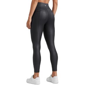 CRZ YOGA Butterluxe Women Matte Faux Leather Leggings with Back Pockets 25" - High Waist Stretch Pleather Pants Tights