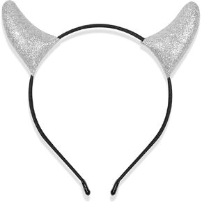 MUKOSEL Glitter Devil Horns Headband, Mike Headband Devil Costume Accessories for Women Men, Silver White Horns Devil Ears Headband Halloween Cosplay Dress up (Silver)
