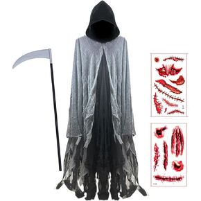 Halloween Grim Ghost Reaper Cloak Scythe Tattoo Sticker Devil Costume Demon Cape Sorcerer Robe Adult Teens Outfit
