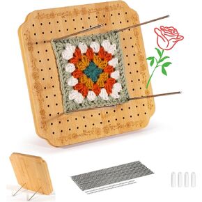 CraftyManor 10 لوحات حجب لمشاريع الكروشيه بنمط الورد، لوحة حجب الكروشيه مع أوتاد، لوحة حجب مربعة من الجدة مع 20 أوتاد من الفولاذ المقاوم للصدأ، الخيزران