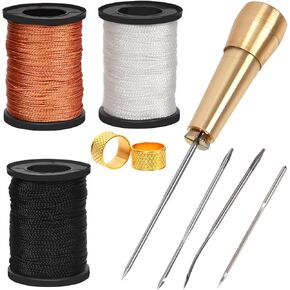 Mardatt 10pcs Leather Sewing Awl Kit Including Canvas Leather Sewing Awl Needle with Copper Handle, 3 Colors Waxed Thread and Thimble Leather Sewing Working Tools for DIY Leather Craft