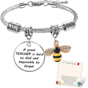 QianSiLi Teacher Gifts for Women Teacher Bee Bracelet Silver Charm Bracelets for Women Snake Chain Bracelet Teacher Appreciation Thank You Teacher Gifts Teacher Jewelry for Women