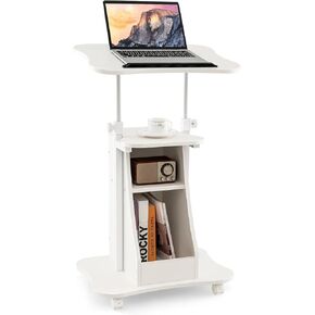 Mobile Laptop Desk, Height Adjustable Podium Stand w/ 4 Wheels & Tiltable Desktop, Rolling Lectern Cart Laptop Desk with Storage Shelves for School, Office, Home, White