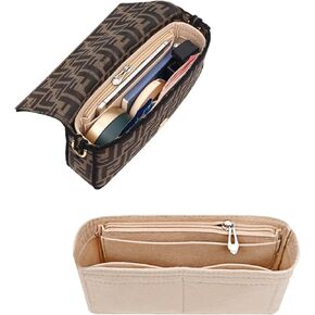 Chispee Purse Organizer Insert Felt Bag Organizer with Zipper for Baguette Small Tote Bag Finishing Inner Bag Handbags Insert Organizer for Women Inner Bladder Bag Storage Bag (Small, Coffee)