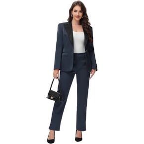 Lamgool Women's Suit 2 Pieces Shawl Lapel Satin Pantsuits One Button Tuxedo for Dinner, Event and Work