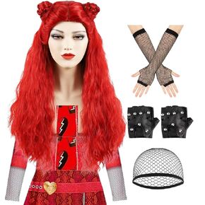 4 Pcs Princess Red Costume Wig with Pre-Braided Buns + Black Fishnet Glove and Gothic Gloves for Halloween Cosplay（bodysuits not included