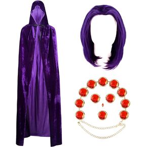 Kavoc Halloween Cosplay Costume Set Including Anime Cosplay Hooded Cloak,Purple Anime Wig and Adjustable Red Gem Waist Belt for Women Anime Cosplay Dress Up