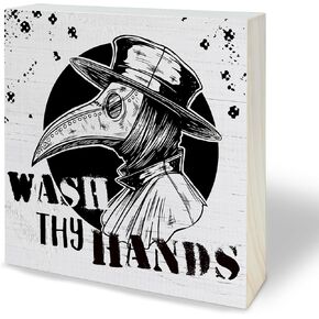 4"X4" Gothic Wooden Block Sign - Clean Hands Rock - Black Pine Wood Plaque, Home & Bathroom Decor, Toilet Ornament, Shelf Supplies, Decorative Housewarming Gift - A23