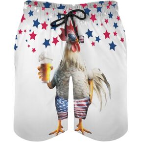 Funny Rooster Beer Men's Swim Trunks Chicken American Flag Stars Summer Board Shorts Drawstring