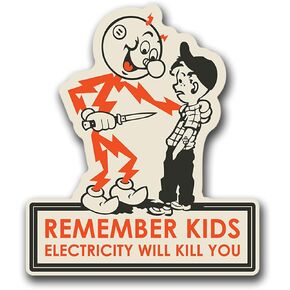 Remember Kids Electricity Will Kill You Decal Stickers - 2 Pack - Reddy Kilowatt Warning Caution Funny Stickers - 2-5 x 4.25 Inch