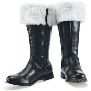 DUNHAO COS Christmas Santa Claus Boots Men's Halloween Costume Black Boots Wide Calf With White Fur