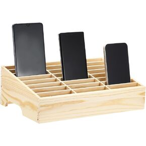 PATIKIL Cell Phone Storage Box, Wooden Desktop Storage Box 24 Grid Desktop Mobile Phone Holder Multifunctional Desk Organizer Stand for Classroom Office Boardroom