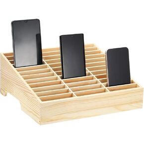 PATIKIL Cell Phone Storage Box, Wooden Desktop Storage Box 24 Grid Desktop Mobile Phone Holder Multifunctional Desk Organizer Stand for Classroom Office Boardroom