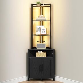 HOOBRO Corner Shelf with LED Light, Corner Storage Cabinet with Doors, 5-Tier Corner Shelf Stand, Tall Corner Bookshelf for Living Room, Study Room, Bathroom, Kitchen, Black BB83DCJ01