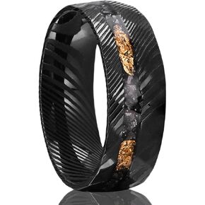 Black Damascus Steel Rings for Men 8mm Men's Engagement Wedding Bands Hammered Inlaid Gold Foil Meteorite Fragments Stylish Comfort Fit