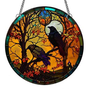 WEQNGIU Crows Stained Acrylic Window Hangings, Crow Raven Halloween Home Decor Wall Decor, 8 Inch Halloween Fall Christmas Decor for Home, Cafe, Crows