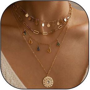 GIGB PBDK Trendy Layered Gold Pendant Necklaces for Women Lady Boho Stackable Dainty Beaded Turquoise Necklace Charm Long Paperclip Necklace Jewelry Gifts